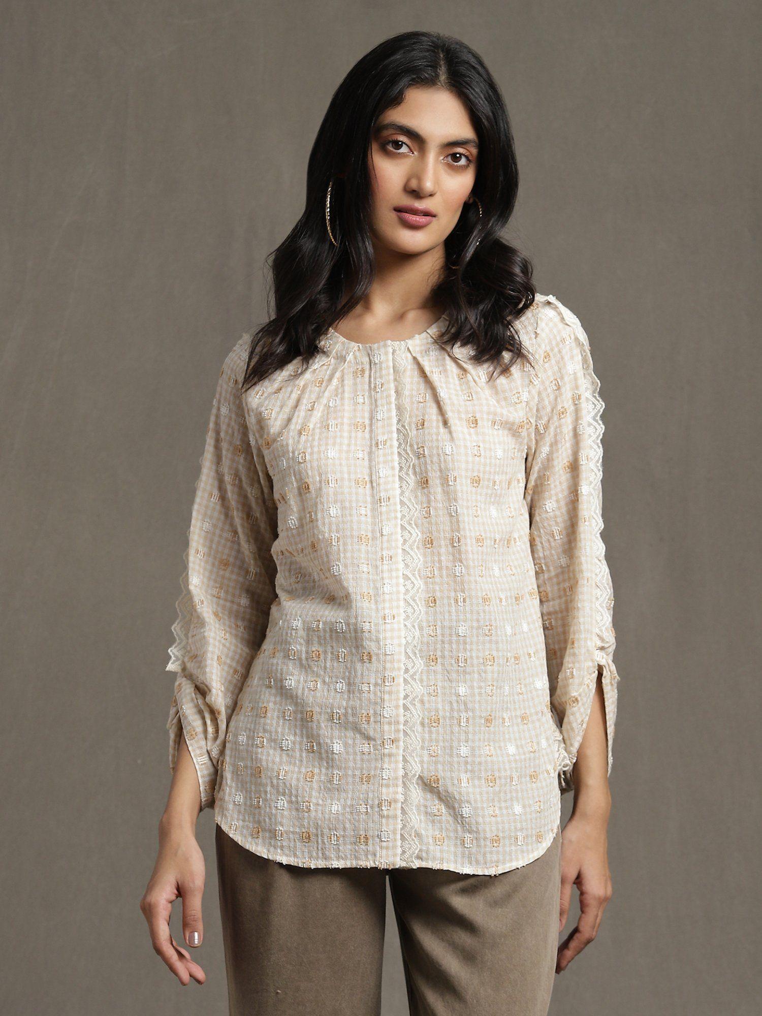 beige straight kurti with concealed placket