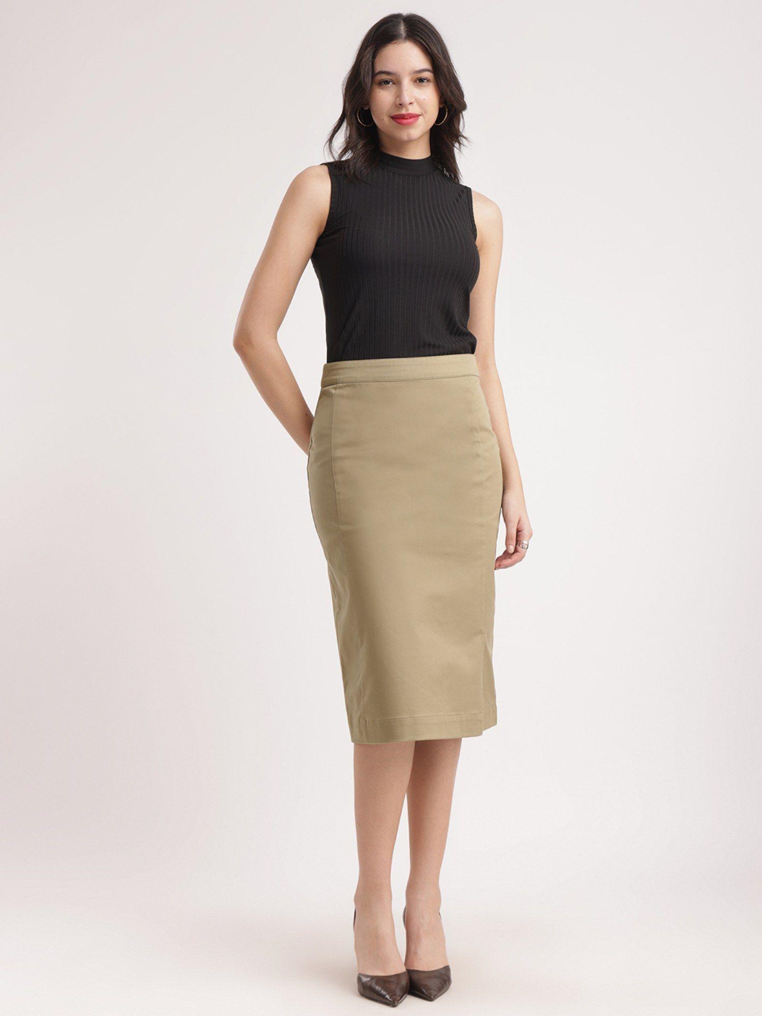 beige stretchable pencil midi skirt