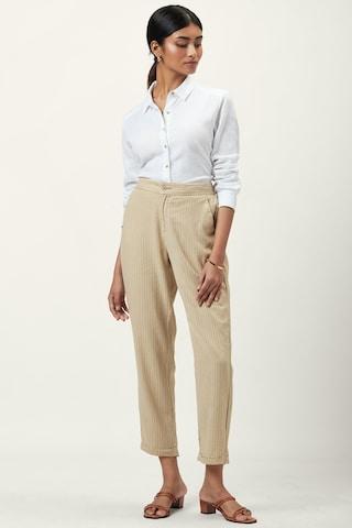 beige stripe ankle-length formal women regular fit trouser