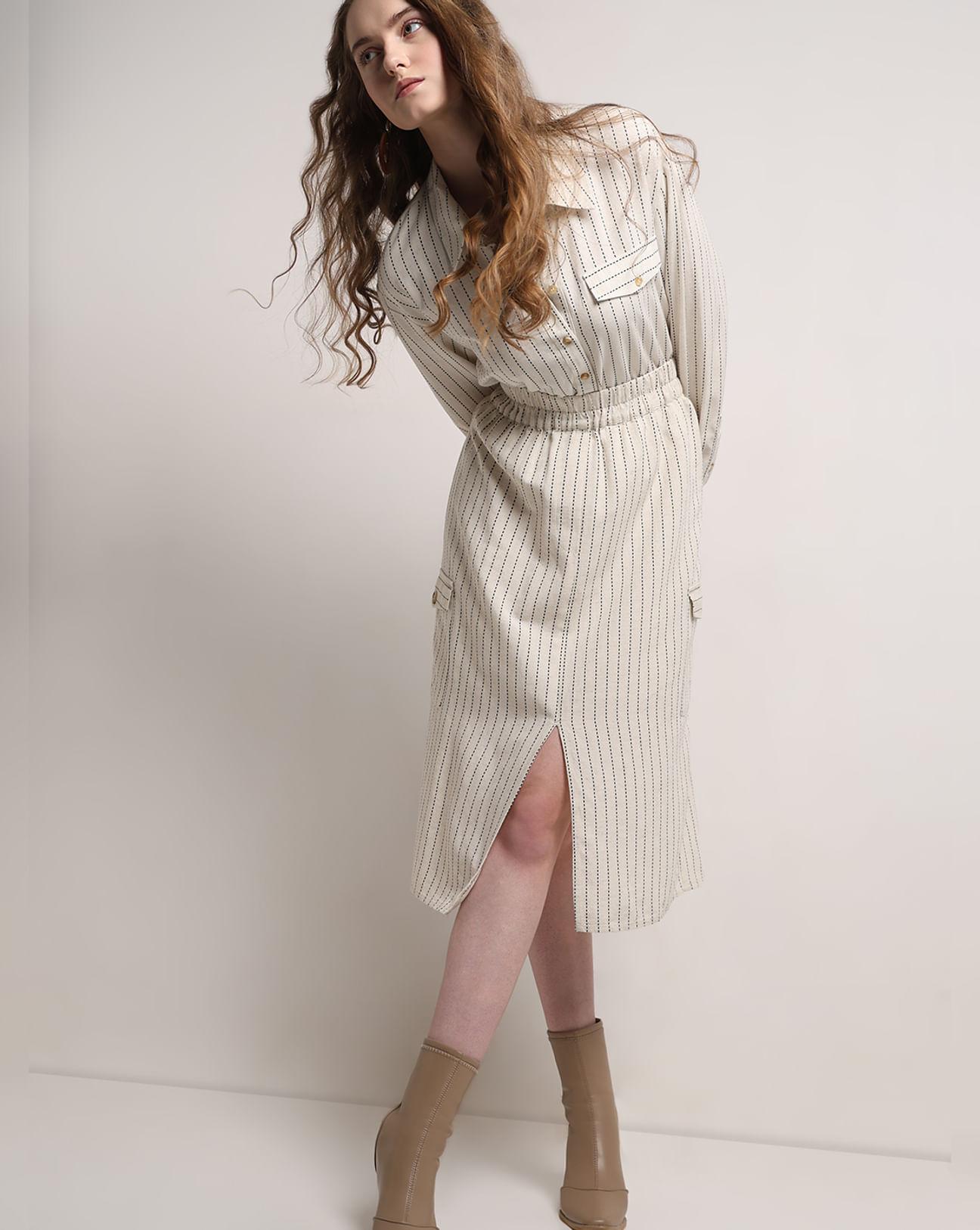 beige striped co-ord set skirt