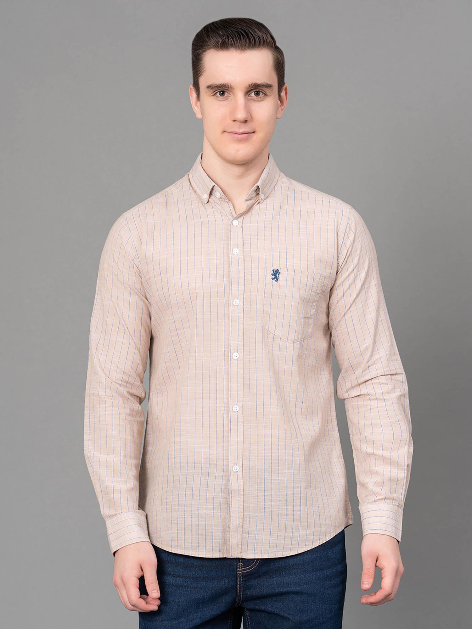 beige striped cotton slub mens full sleeve shirt