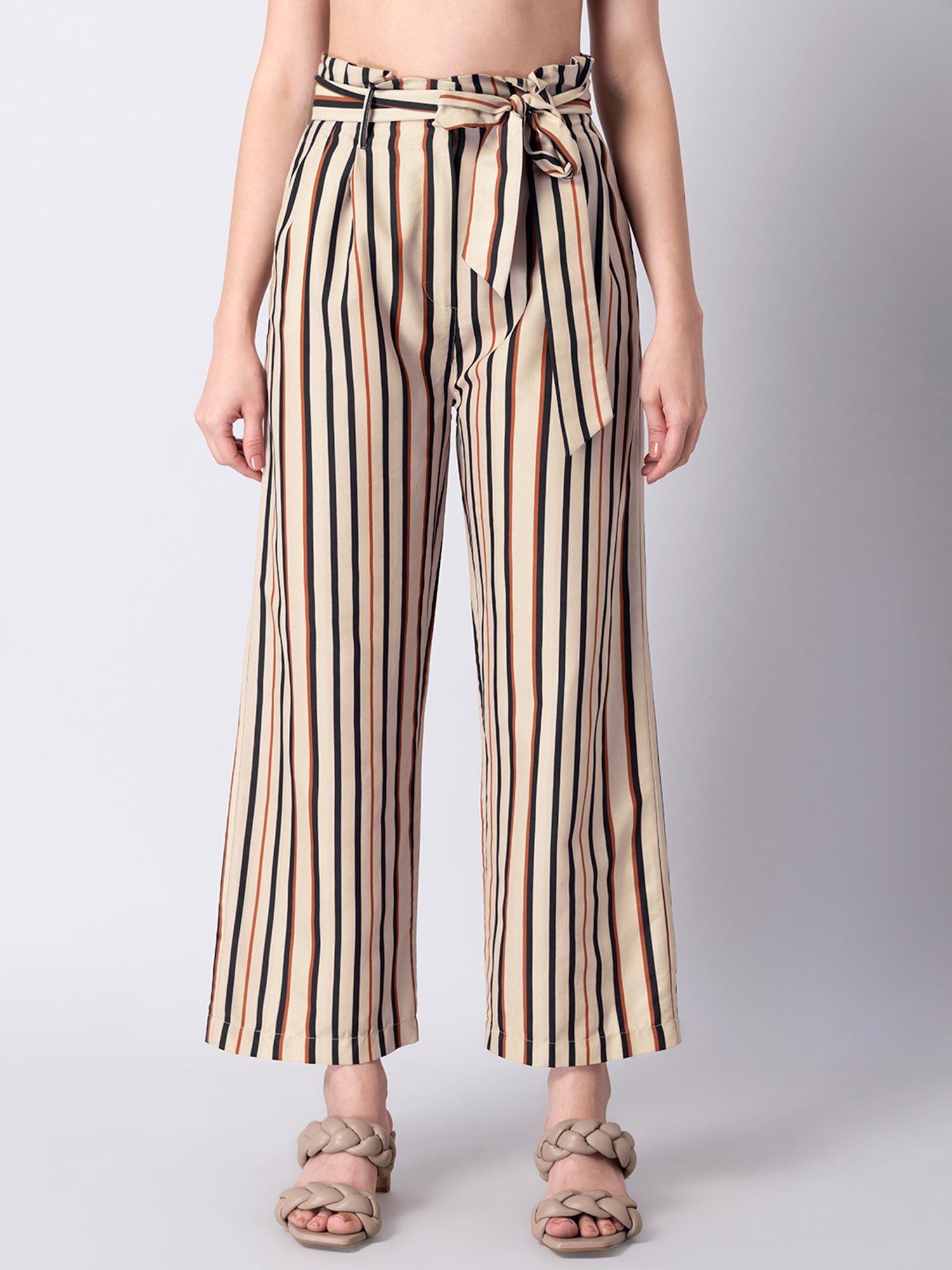 beige striped paperbag high waist belted trousers (set of 2)