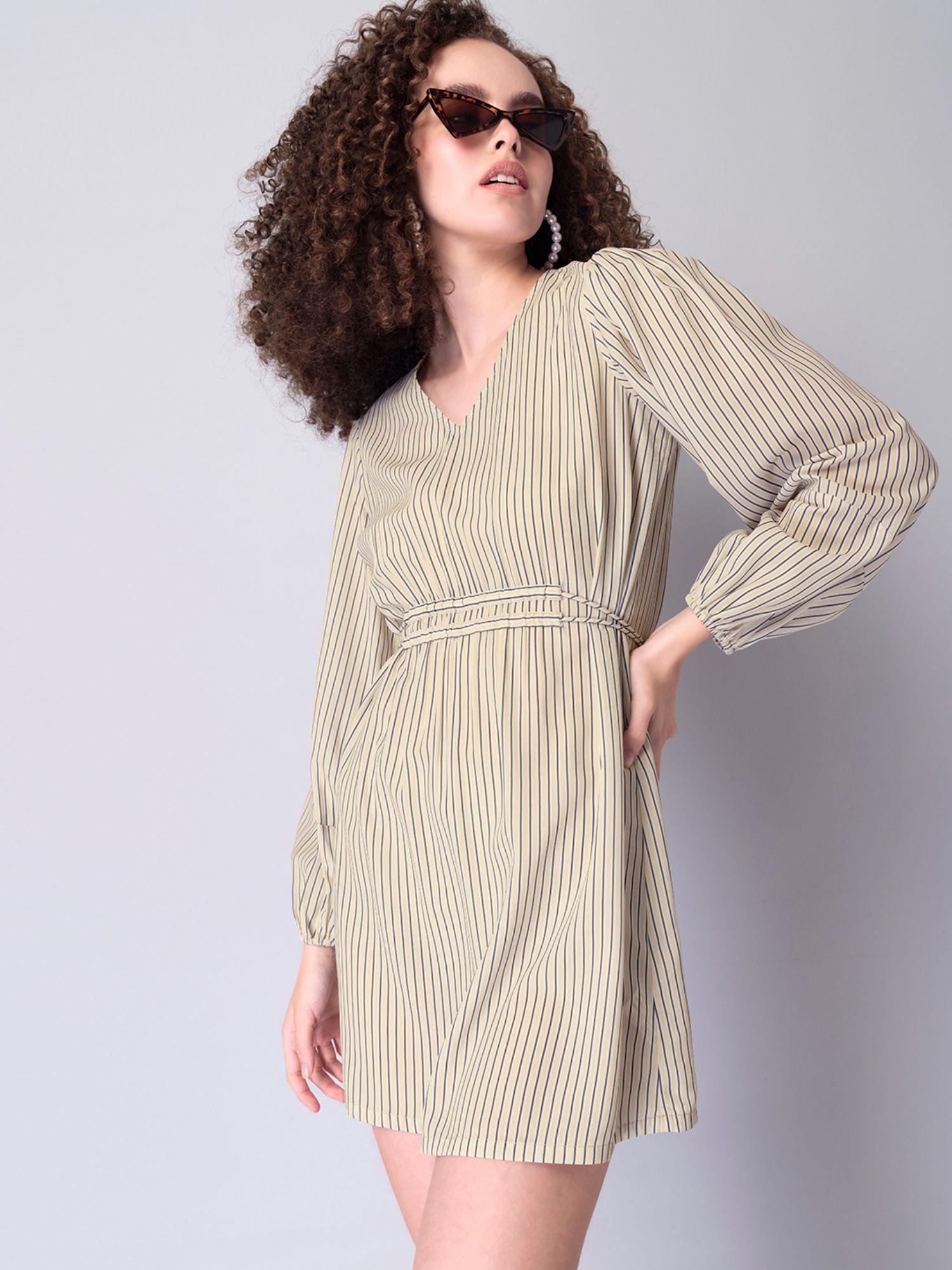 beige striped ruched self tie dress