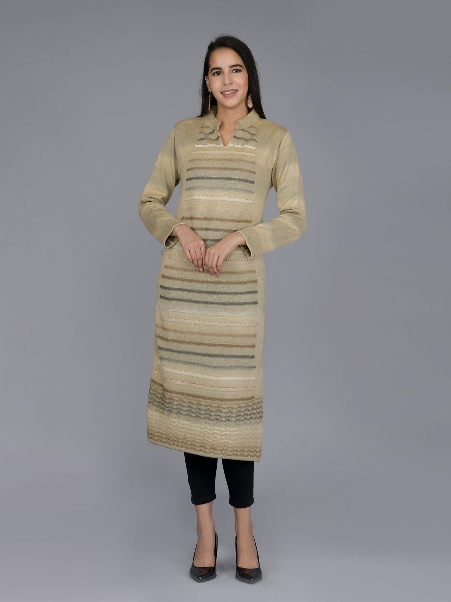 beige striped self woolen kurti