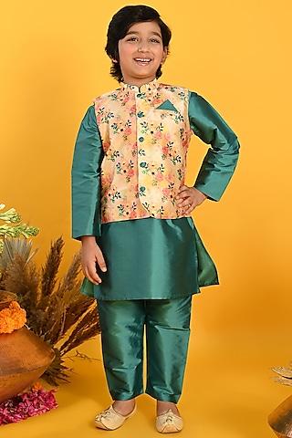 beige taffeta floral printed nehru jacket with kurta set for boys