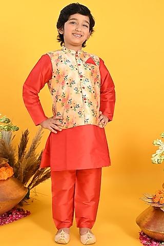 beige taffeta floral printed nehru jacket with kurta set for boys