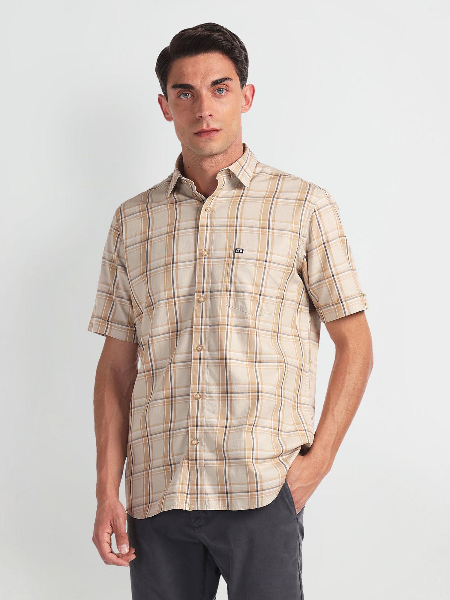 beige tartan check twill casual shirt