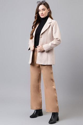 beige textured casual full sleeves notch lapel women classic fit jacket