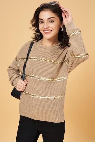 beige textured casual full sleeves round neck women comfort fit  sweater