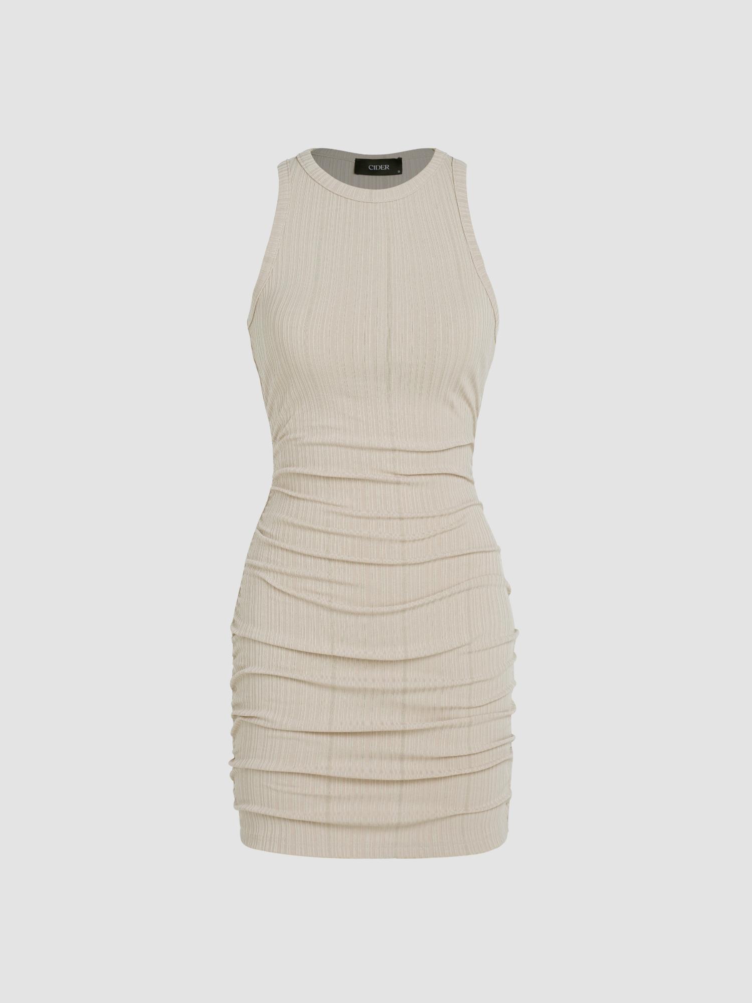 beige textured knit sleeveless mini dress