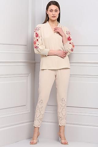 beige thread embroidered blouse