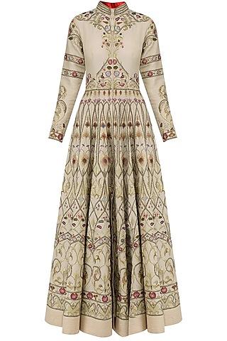 beige thread embroidered front open anarkali gown