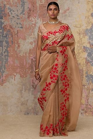 beige thread embroidered saree set