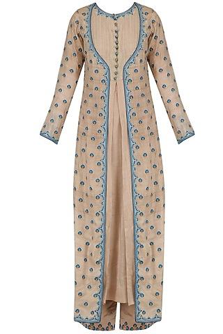 beige thread work jacket kurta and chanderi palazzo set