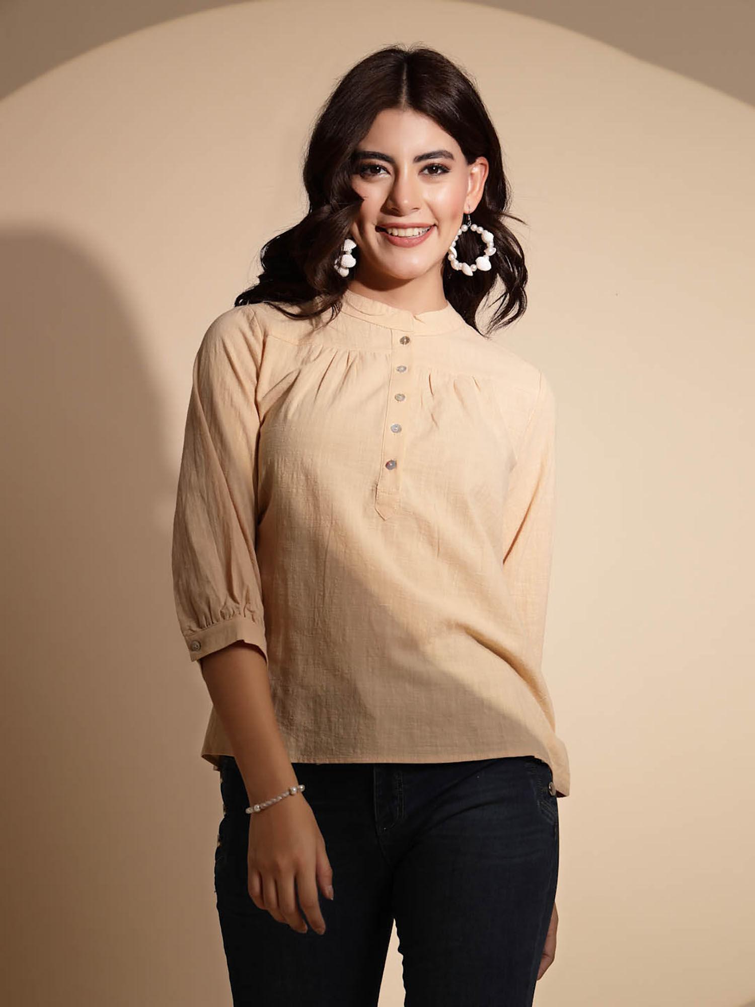 beige three fourth sleeve cotton blouse