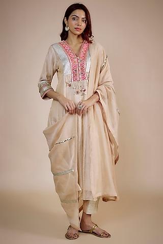 beige tissue & chanderi zari embroidered striped anarkali set