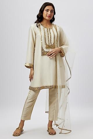 beige tissue coin embroidered short kurta set