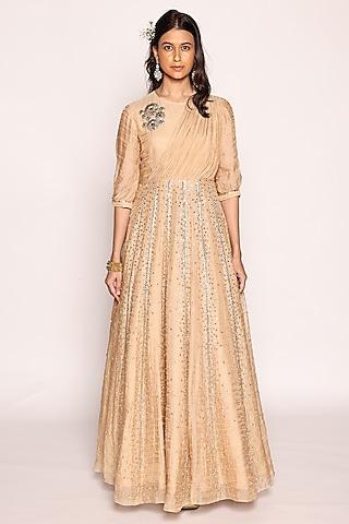 beige tissue embellished panelled maxi dress