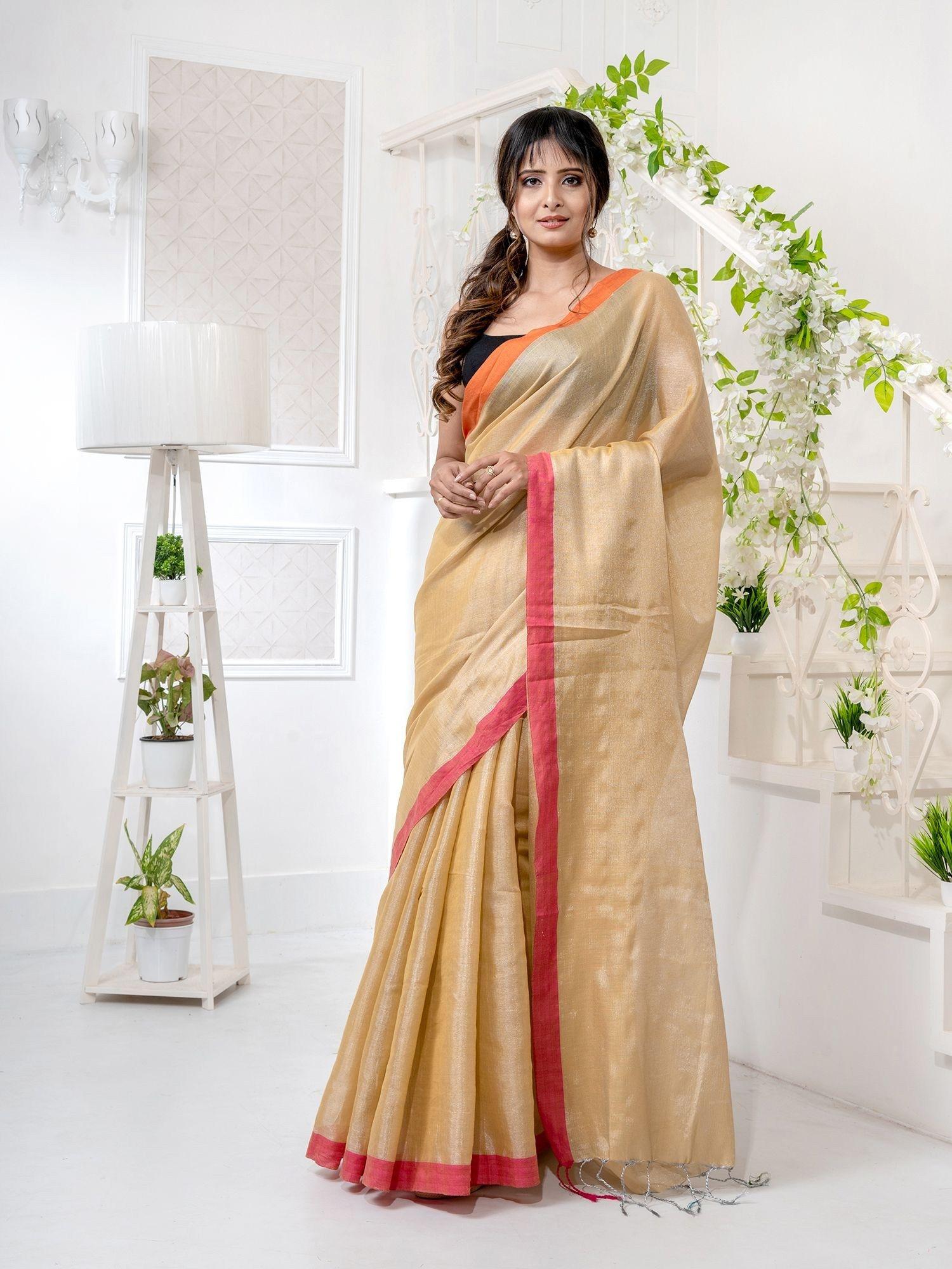 beige tissue handwoven soft saree with unstitched blouse