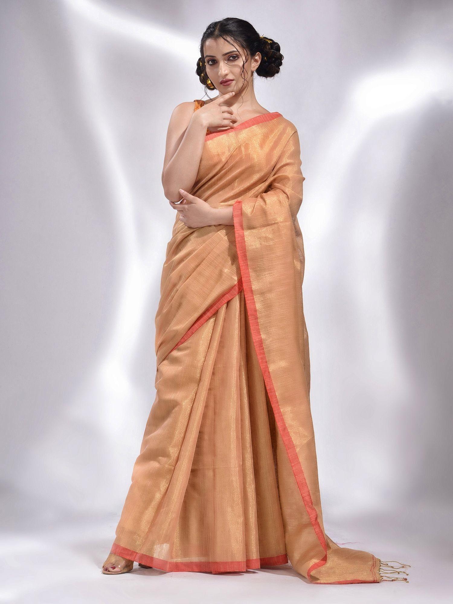 beige tissue handwoven soft saree with unstitched blouse