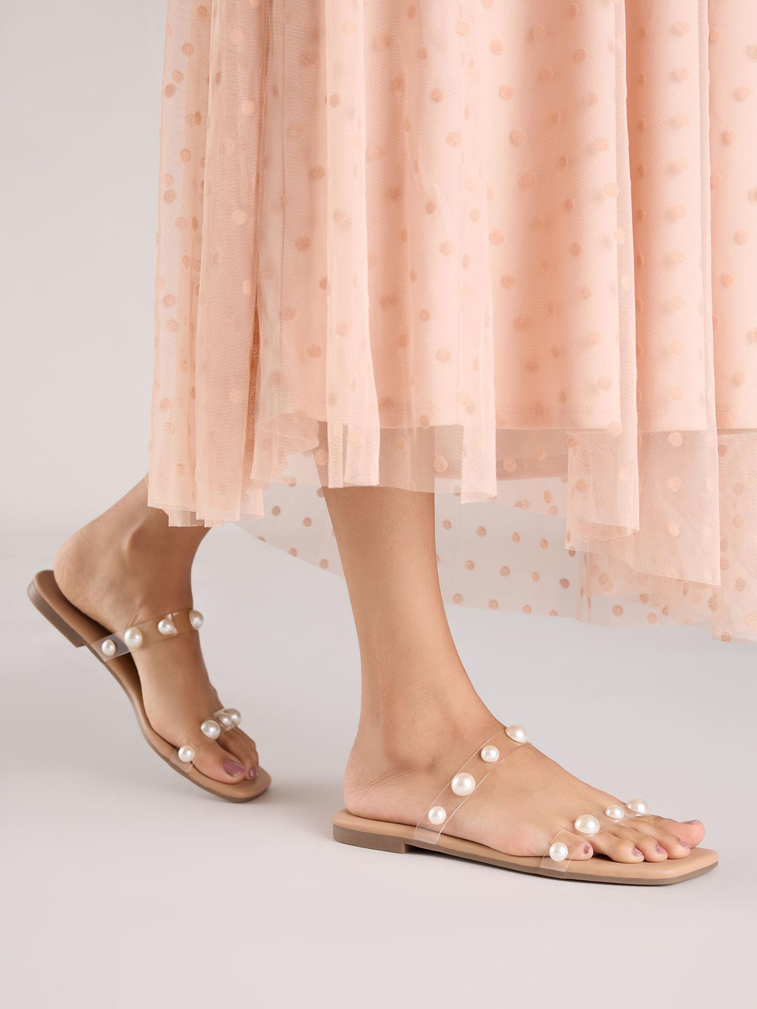 beige transparent dual strap pearl slider flats