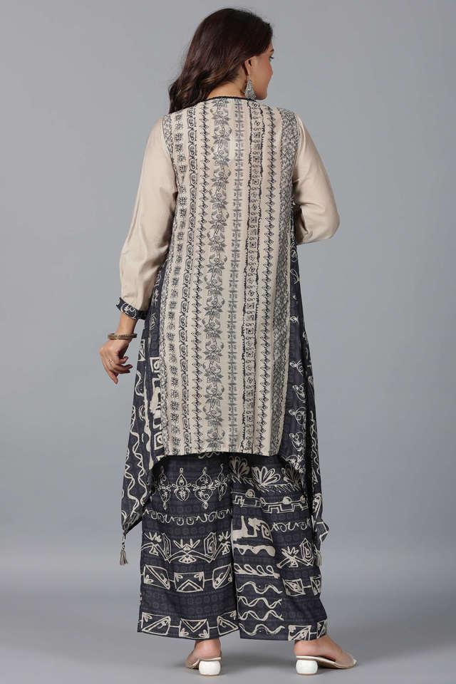 beige tribal printed muslin kurta _ pants set with beads work