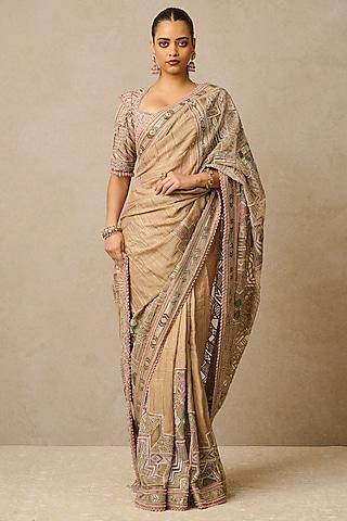 beige tulle & tissue georgette embellished saree set