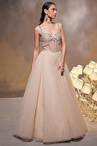 beige tulle mesh embellished gown