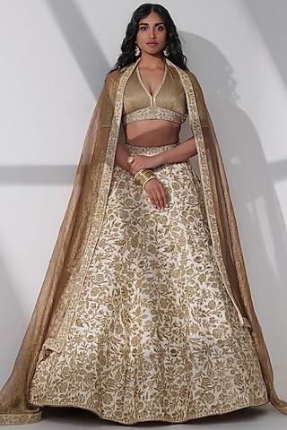 beige tussar silk embroidered lehenga set