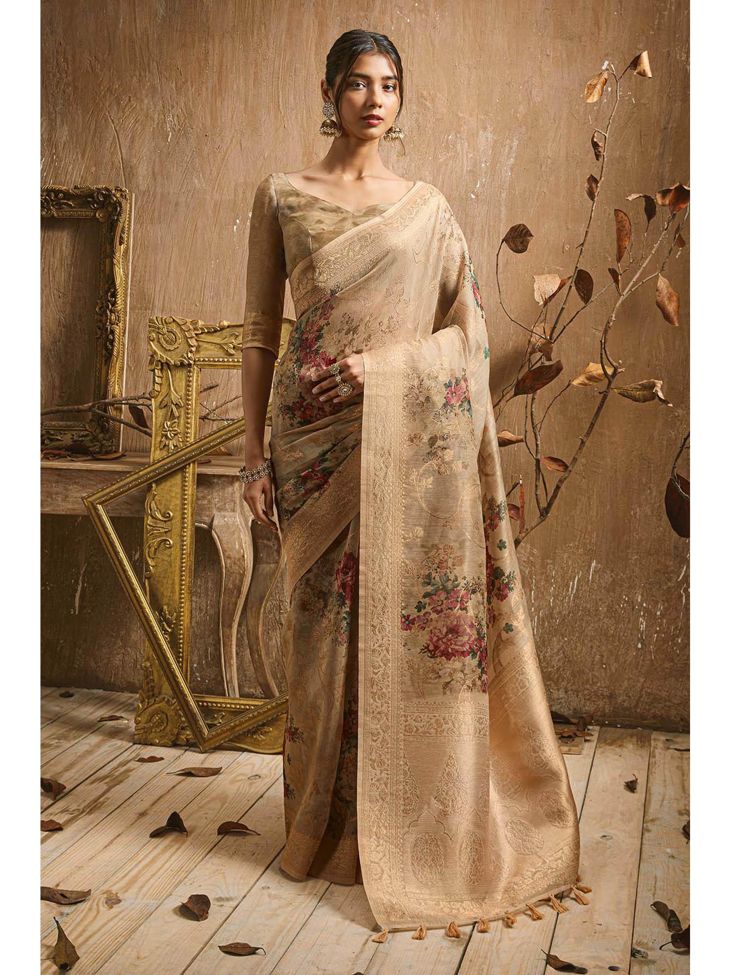 beige tussar silk floral print and zari woven designs saree with unstitched blouse