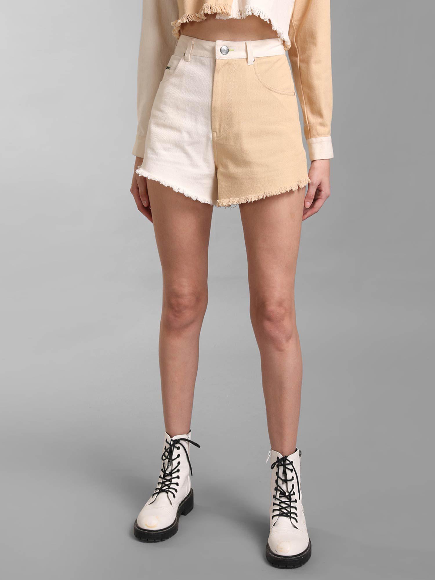 beige twill colour blocked shorts