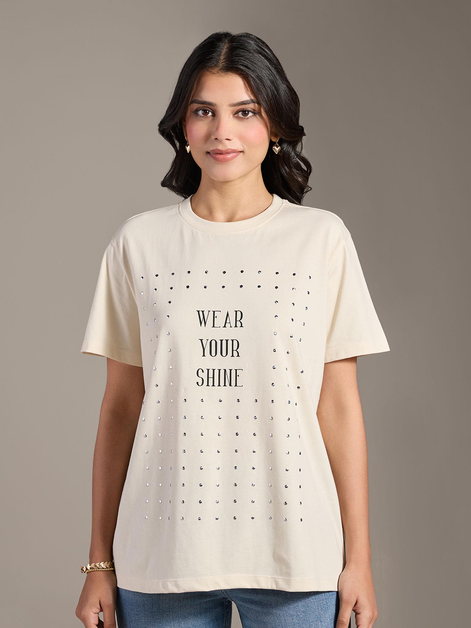 beige typographic print embellished oversized t-shirt