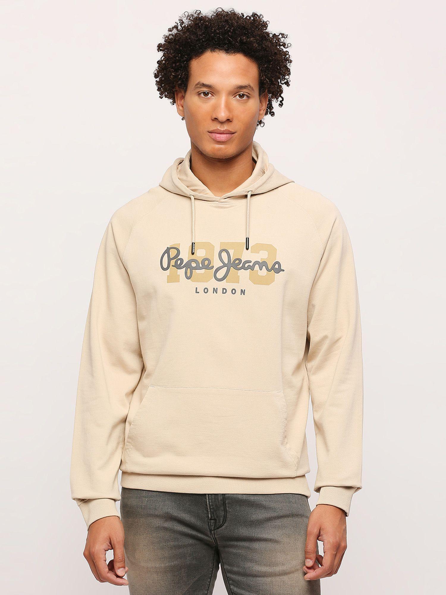 beige typography hooded sweatshirt