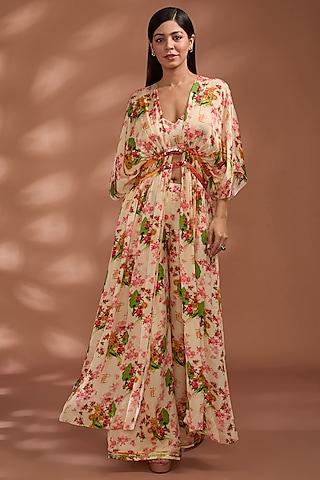 beige viscose bemberg satin digital printed cape set