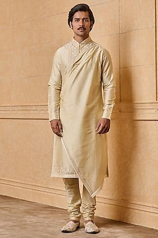 beige viscose blend resham embroidered kurta set