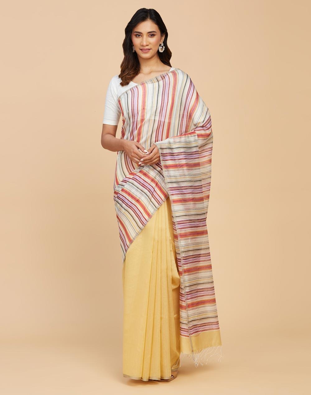 beige viscose blend woven sari