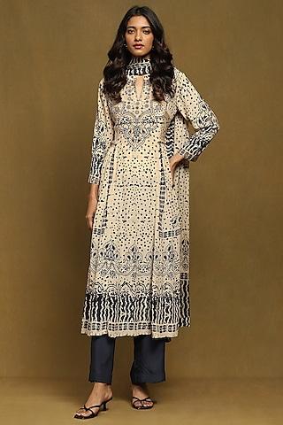 beige viscose crepe abstract printed kurta set