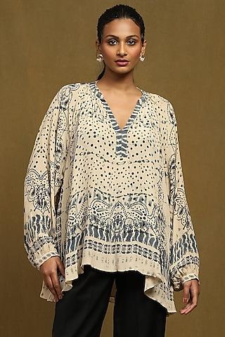 beige viscose crepe abstract printed top