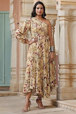 beige viscose crepe embellished gown