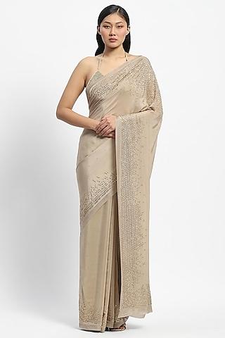 beige viscose crepe glass bugle embroidered saree