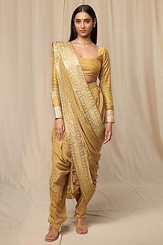 beige viscose crepe printed pre-stitched dhoti saree set