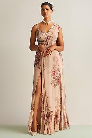 beige viscose georgette printed pre-draped saree set