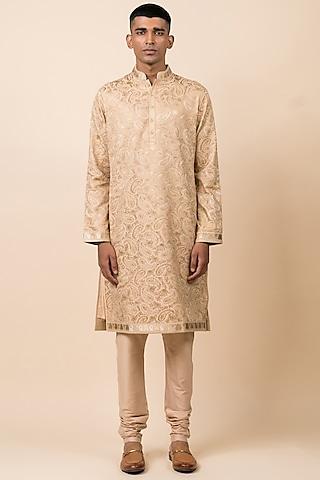 beige viscose polyester blend embroidered kurta set