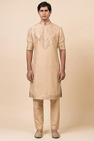 beige viscose polyester embroidered kurta set