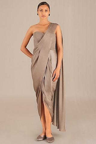 beige viscose pre-draped saree set