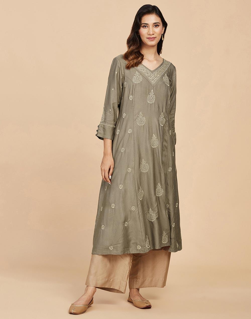 beige viscose silk embroidered slim fit long kurta