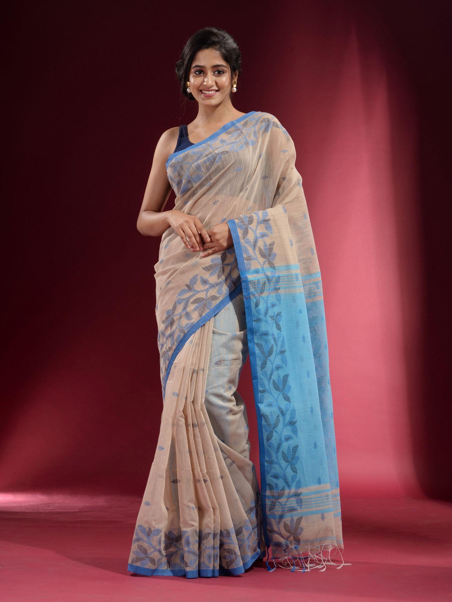 beige with floral border and contrast pallu saree with unstitched blouse