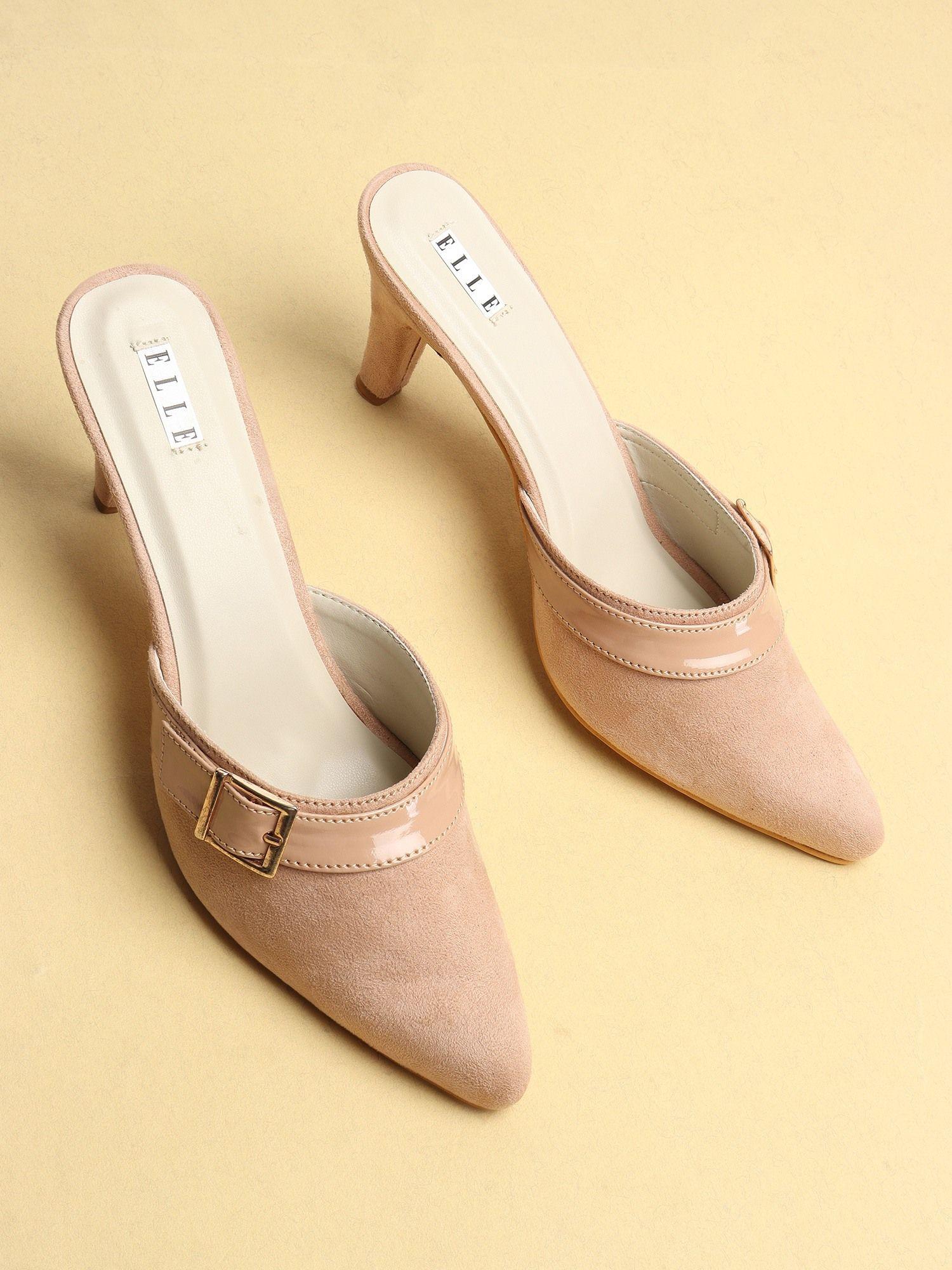 beige women buckle mules