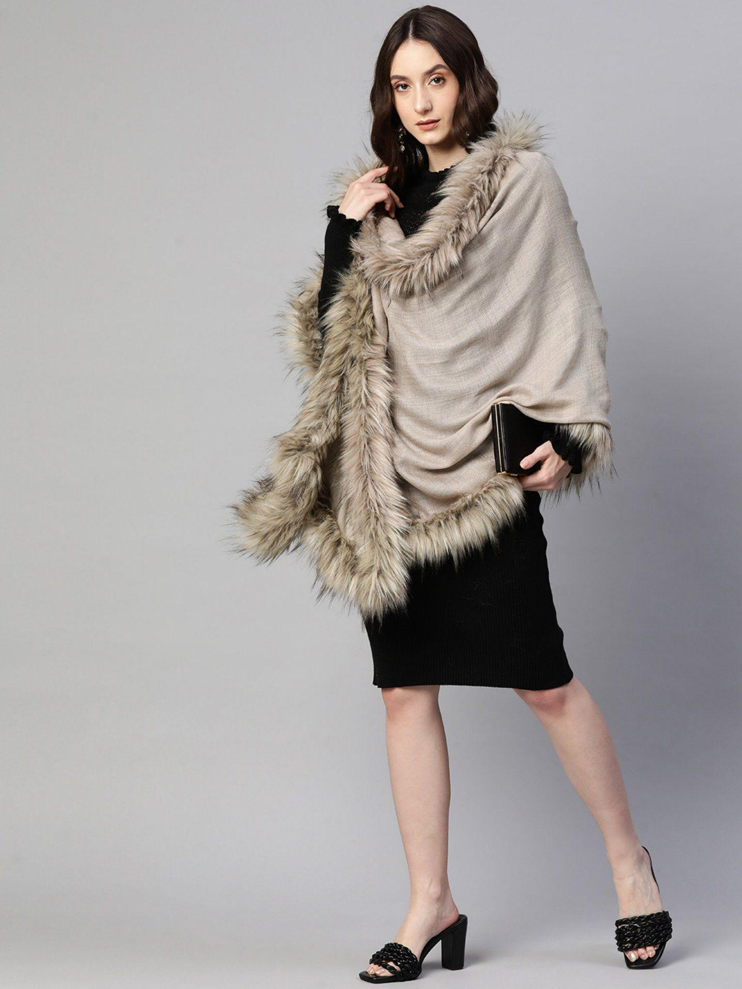 beige wool shawl with fur