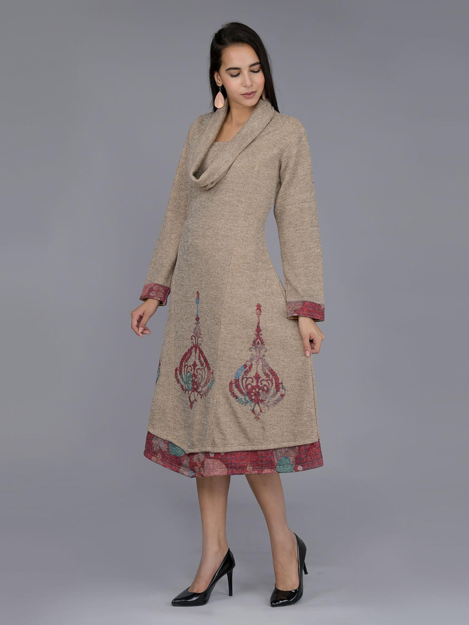 beige woollen kurti with patchwork